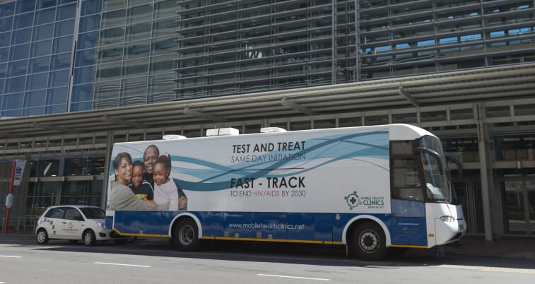 Mobile HIV clinic outside building