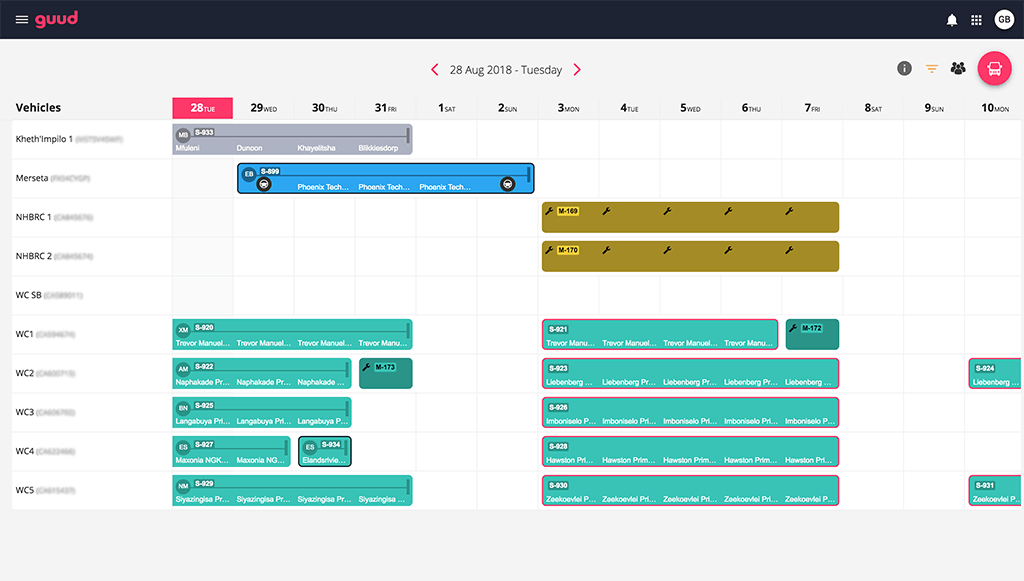 guud manage vehicles schedule screenshot
